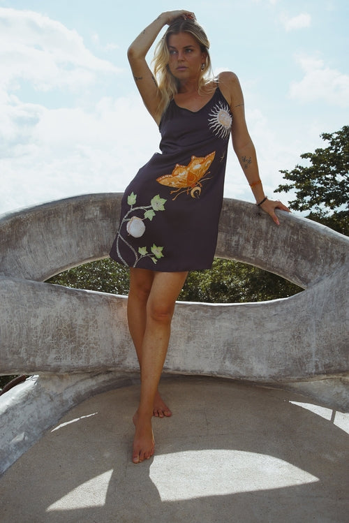 Vela Silk Slip Dress in Black Jungle Butterfly