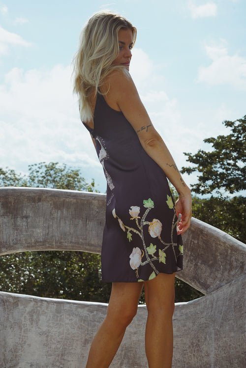 Vela Silk Slip Dress in Black Jungle Butterfly