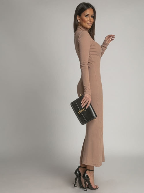 Cotton fitted maxi dress with cappuccino turtleneck
